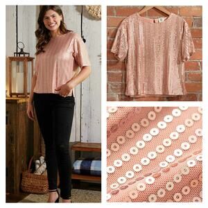 Good Hart Womens Top Sequin Short Sleeve MEDIUM Pink Party Holidays Glam Sparkly
